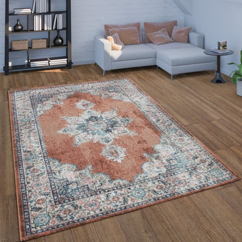 Area Rug Terracotta Oriental Medallion Distressed Living Room