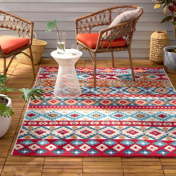 Area Rug Terracotta Red Base Navy Geometric Border Earthy Red Striped