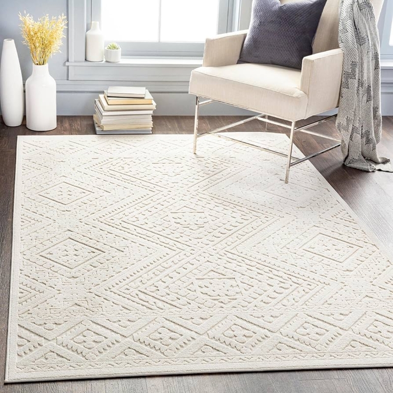 Area Rug: Textured Geometric Pattern for Modern Boho Living Room