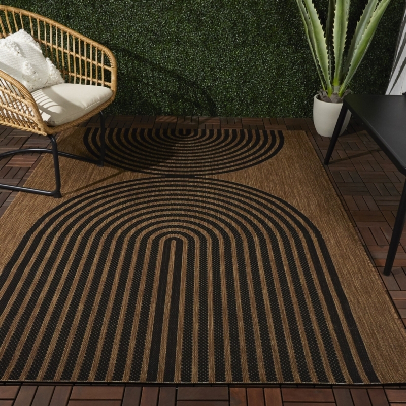 Area Rug: Textured Maze Motif, Charcoal High-Low Pile for Outdoor Deck
