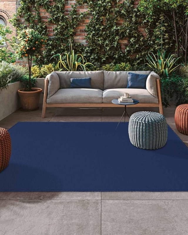 Area Rug Textured Weave Solid Navy Blue Modern Deck Carpet