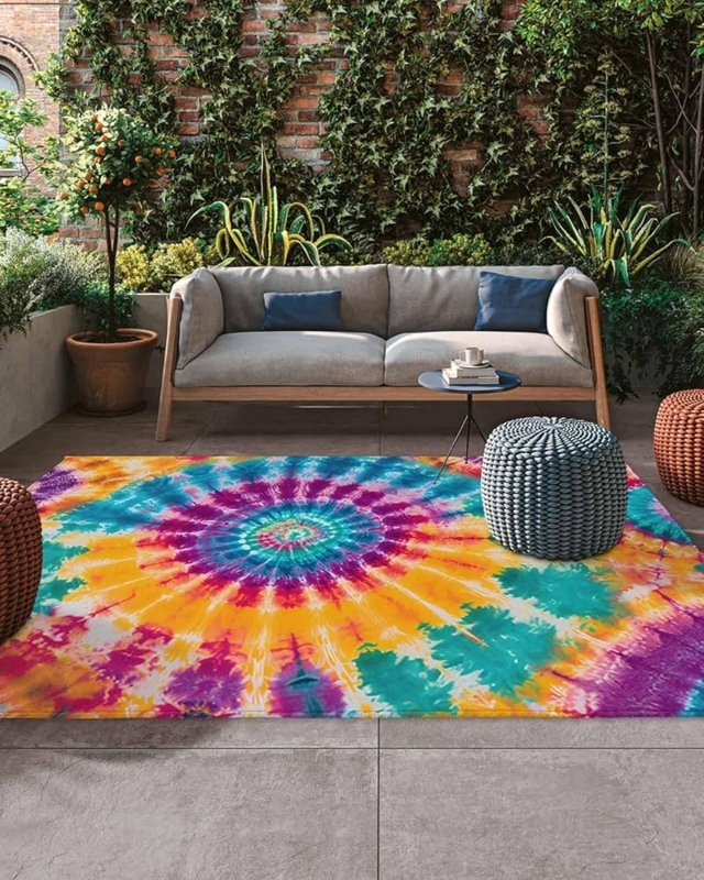 Area Rug Tie Dye Effect Blue Purple Yellow Abstract Low Pile Living Room