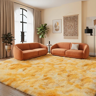 Area Rug Tie Dye Yellow Shag Pile Mottled Texture Boho Chic