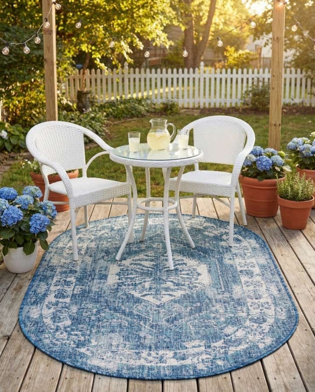 Area Rug Traditional Blue Outdoor Oval Shape Floral Border Medallion