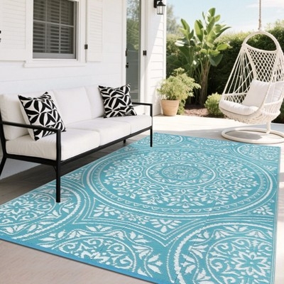Area Rug Traditional Medallion Outdoor Rug Distressed Navy Border