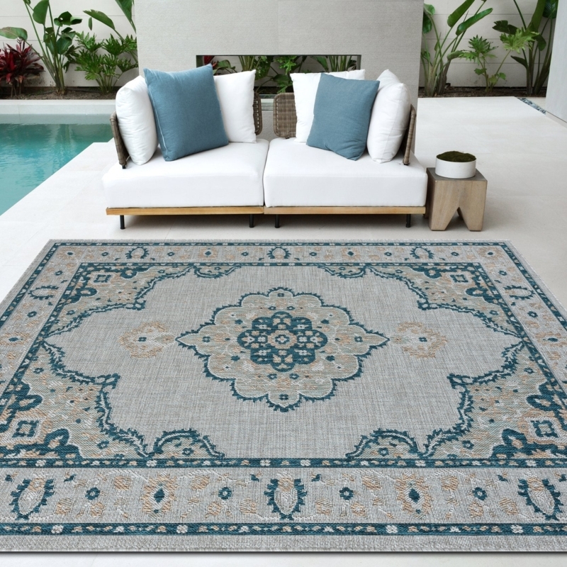 Area Rug Traditional Medallion Pattern Flatweave Weather Resistant