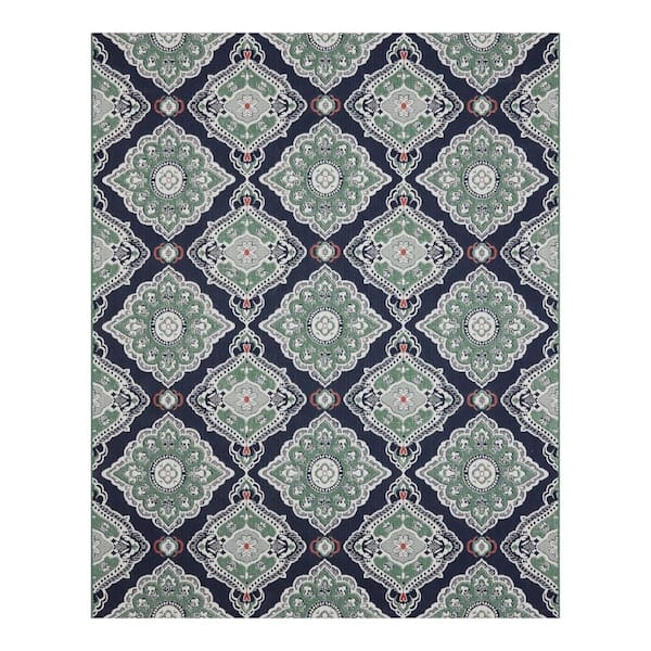 Area Rug Traditional Navy Medallion Pattern Ornate Border Flatweave