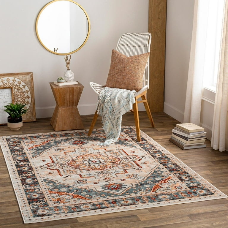 Area Rug Traditional Ornate Border Cream Pink Faded Warm Accents