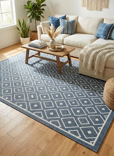 Area Rug Triangle Motif Flatweave, Blue Geometric Patio Rug