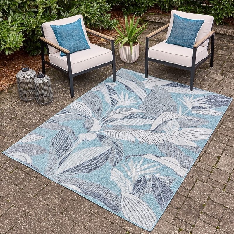 Area Rug Tropical Blue Outdoor Area Rug Large Scale Palm Leaf