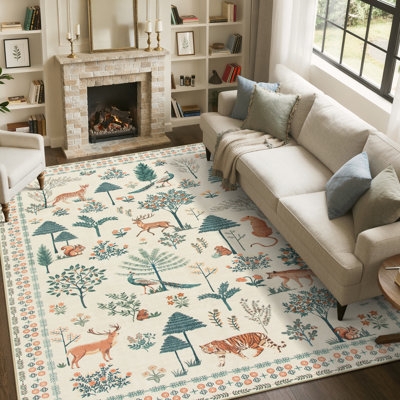 Area Rug Tropical Botanical Print Washable Beige Nursery Mat