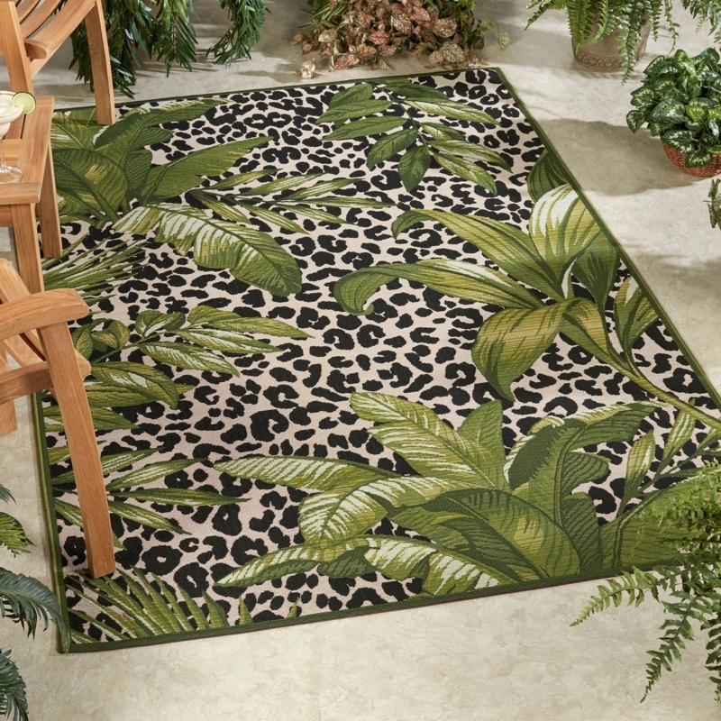 Area Rug Tropical Palm Leaf Border with Leopard Center