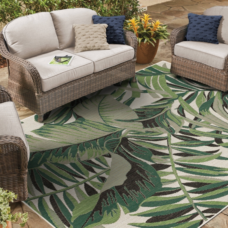Area Rug: Tropical Palm Leaf Pattern Flatweave for Patio