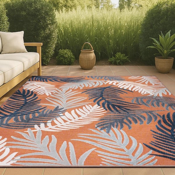 Area Rug Tropical Palm Navy Orange High-Low Pile Patio Decor