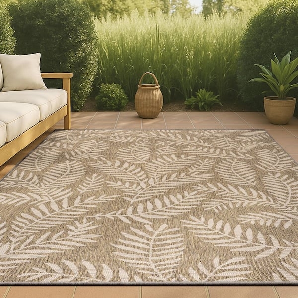 Area Rug Tropical Patio Oversized Palm Frond Pattern Neutral Flatweave