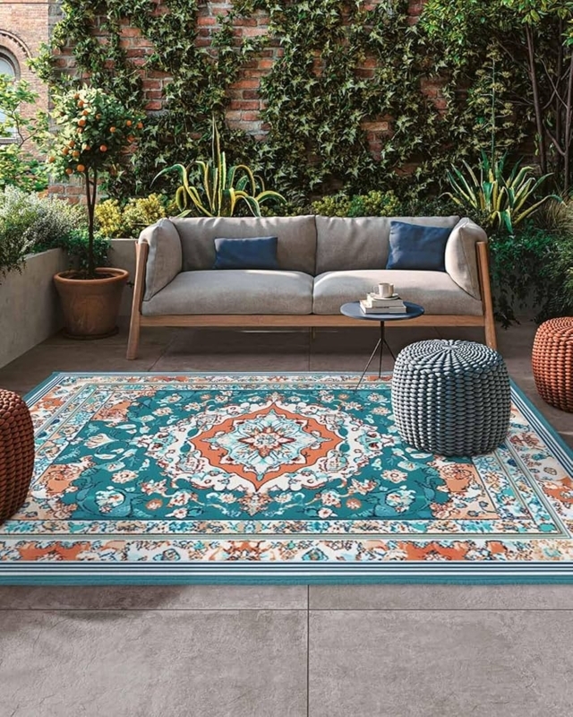 Area Rug Turquoise Aztec Geometric Pattern Bohemian Patio Mat