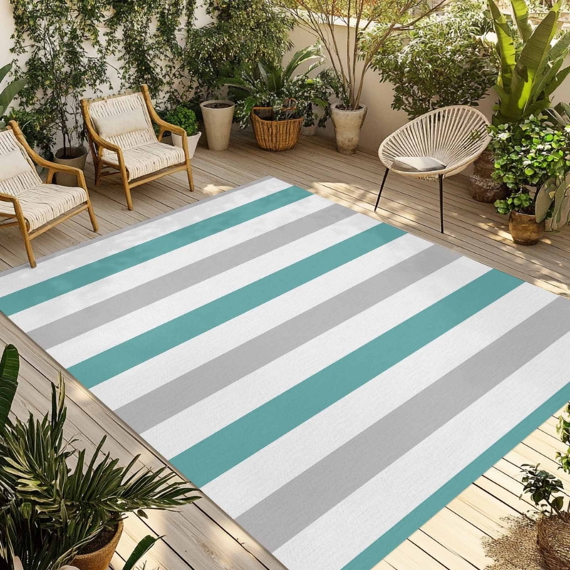 Area Rug Turquoise Grey Striped Washable Outdoor