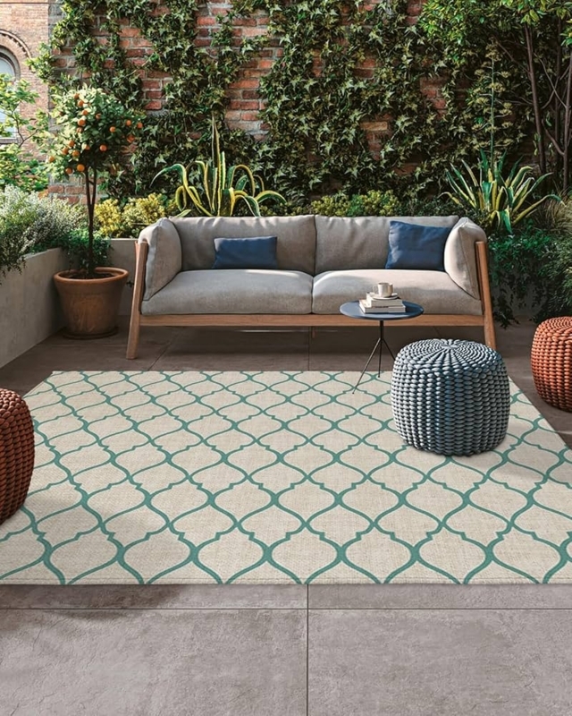 Area Rug: Turquoise Moroccan Trellis for Vibrant Patio Deck