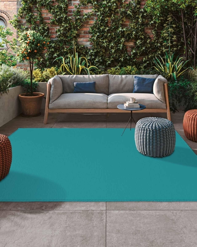 Area Rug Turquoise Washable Low Profile, Vibrant Aqua Patio Rug