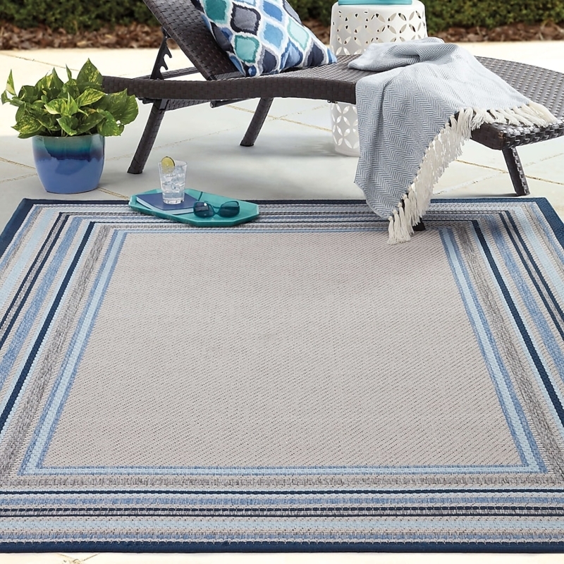 Area Rug Two Tone Blue Wide Border Low Pile Deck Carpet