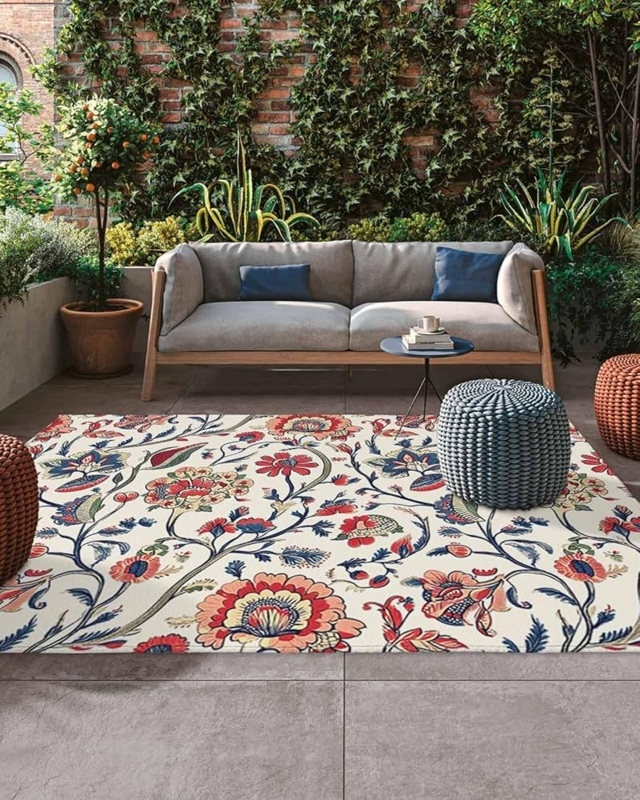 Area Rug Vibrant Abstract Floral Pattern Beige Retro Woven Texture
