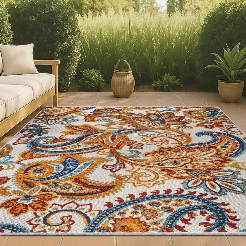 Area Rug Vibrant Orange Base Oversized Paisley High-Low Boho