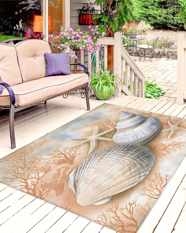 Area Rug Vibrant Orange Reversible Starfish Seashell Outdoor Rug