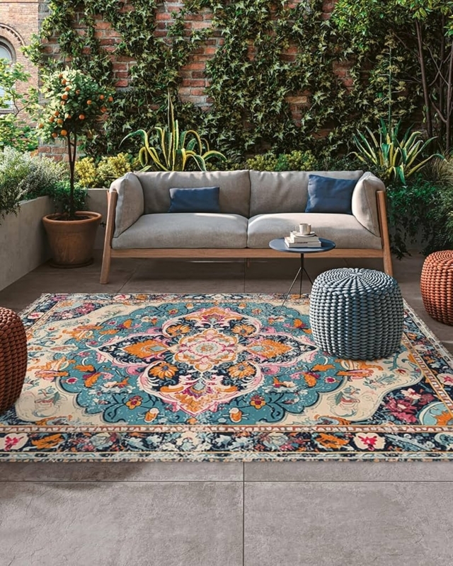 Area Rug Vibrant Orange Teal Contrast Floral Medallion Boho