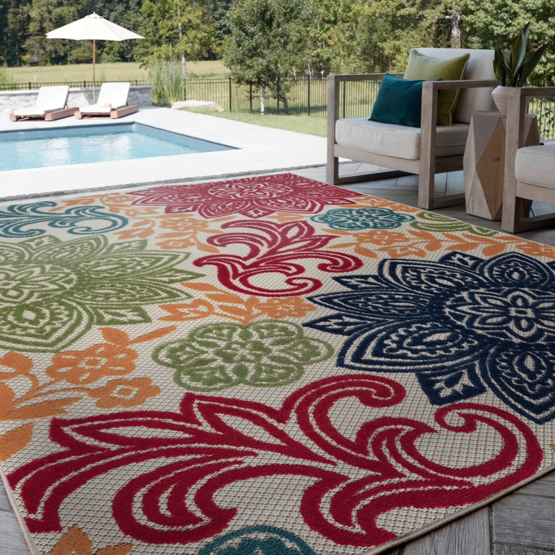 Area Rug Vibrant Oversized Botanical Floral Navy Patio Decor