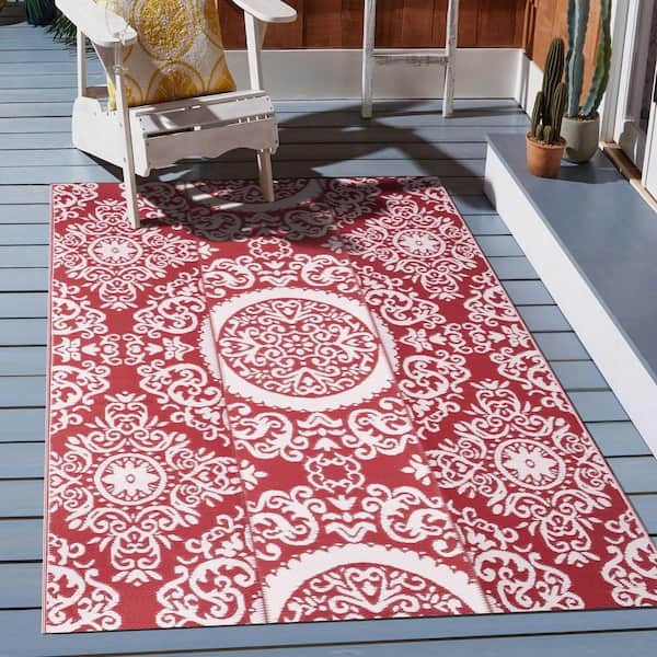 Area Rug Vibrant Red White Trellis Moroccan Flatweave Deck Patio