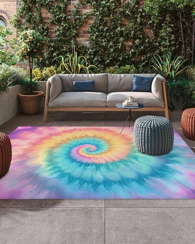 Area Rug Vibrant Tie Dye Pattern Blue Pink Yellow Bohemian Deck Styling