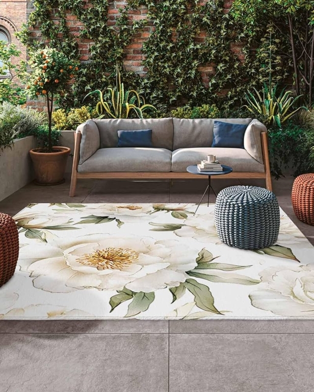 Area Rug Vintage Floral Border Off-White Flatweave Cottage Style