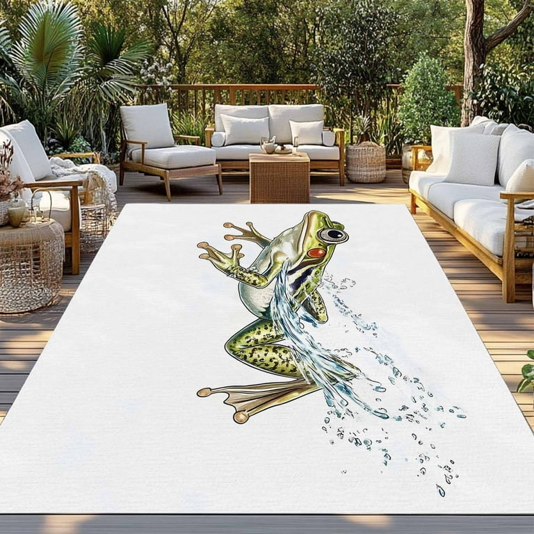 Area Rug, Vintage Inspired Whimsical Frog Graphic & Water Surface Motif