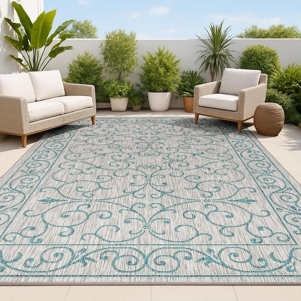 Area Rug Vintage Outdoor Patio Faded Filigree Teal Gray Distressed