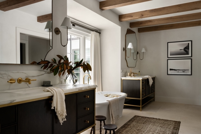 Area Rug: Vintage Style in Transitional Bath with Exposed Ceiling Beams