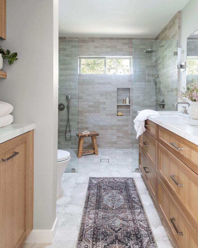 Area Rug: Vintage Style Runner on Hexagonal Floor Tiles in Modern Bath