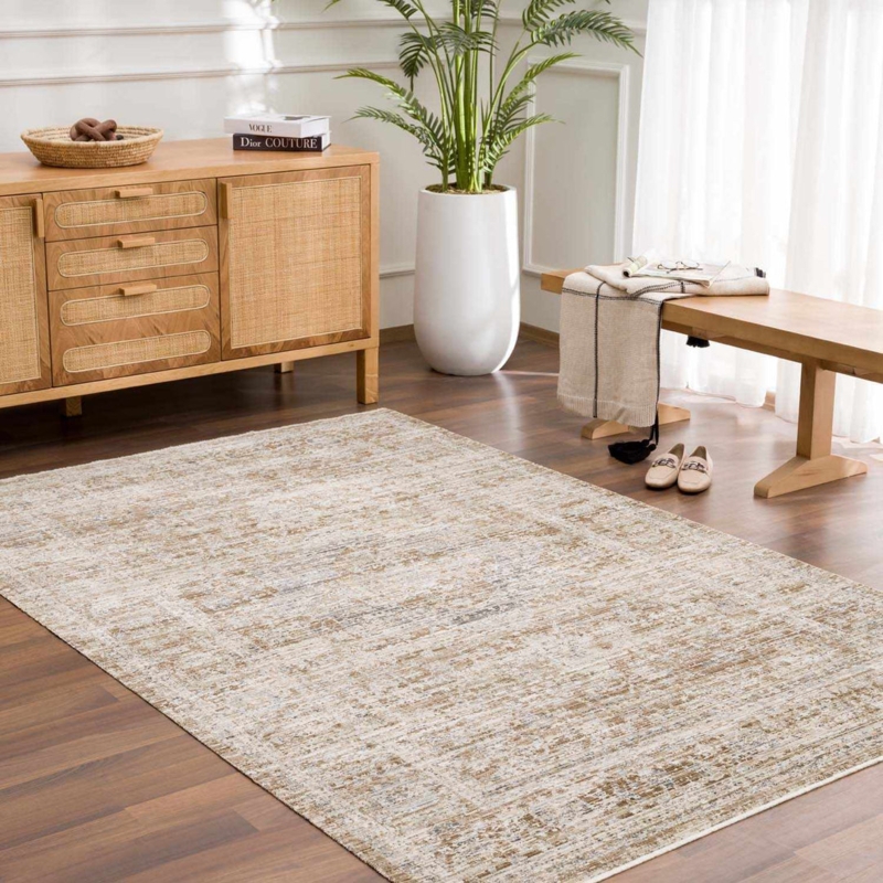 Area Rug Washable Brown Geometric Lattice Woven Minimalist Patio