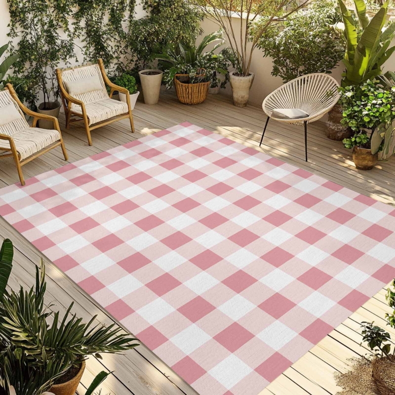 Area Rug Washable Flatweave Sage Green Cream Buffalo Plaid Patio