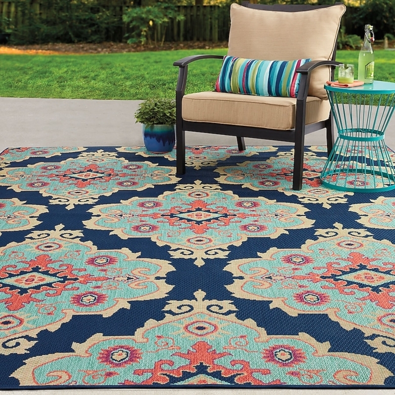Area Rug: Washable Navy Geometric Diamond Indoor Outdoor Mat