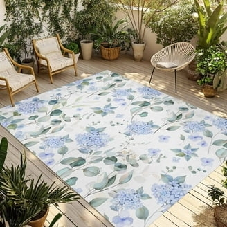 Area Rug Watercolor Botanical Low Pile Flatweave Patio Decor