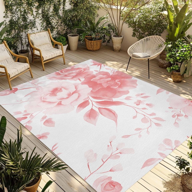 Area Rug Watercolor Floral Art Large Scale Print Patio Decor