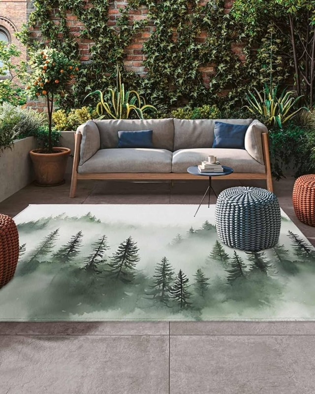 Area Rug, Watercolor Landscape Design, Retro Nature Motif, Patio Decor
