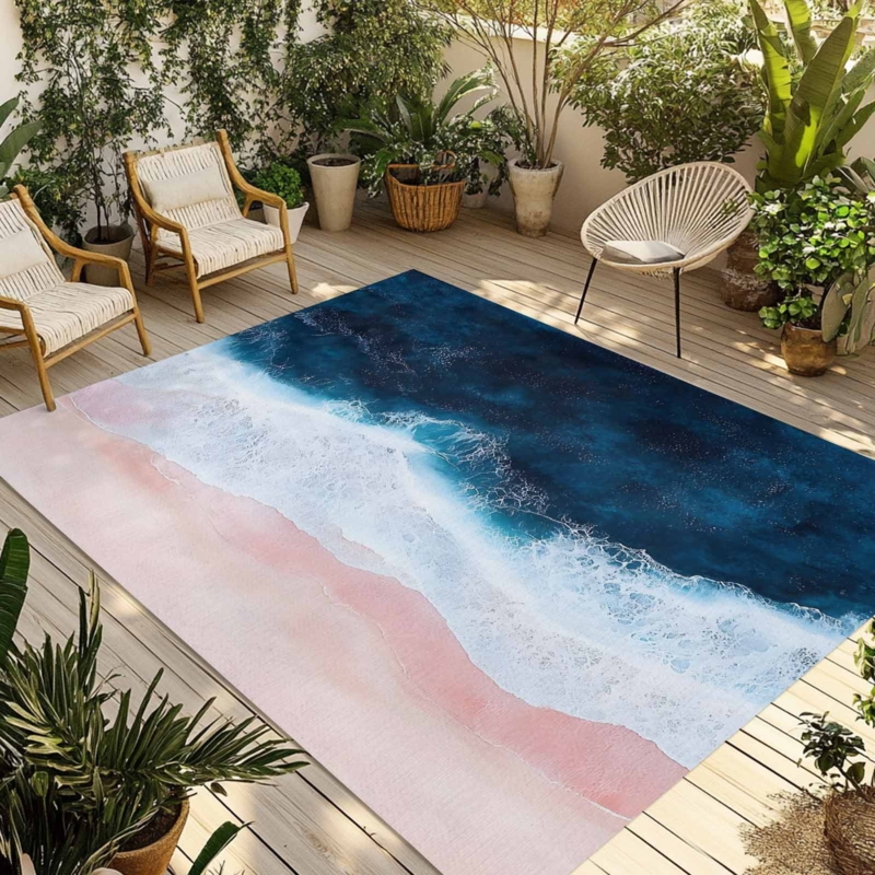 Area Rug Watercolor Mountain Landscape Pink Navy Artistic Outdoor Patio