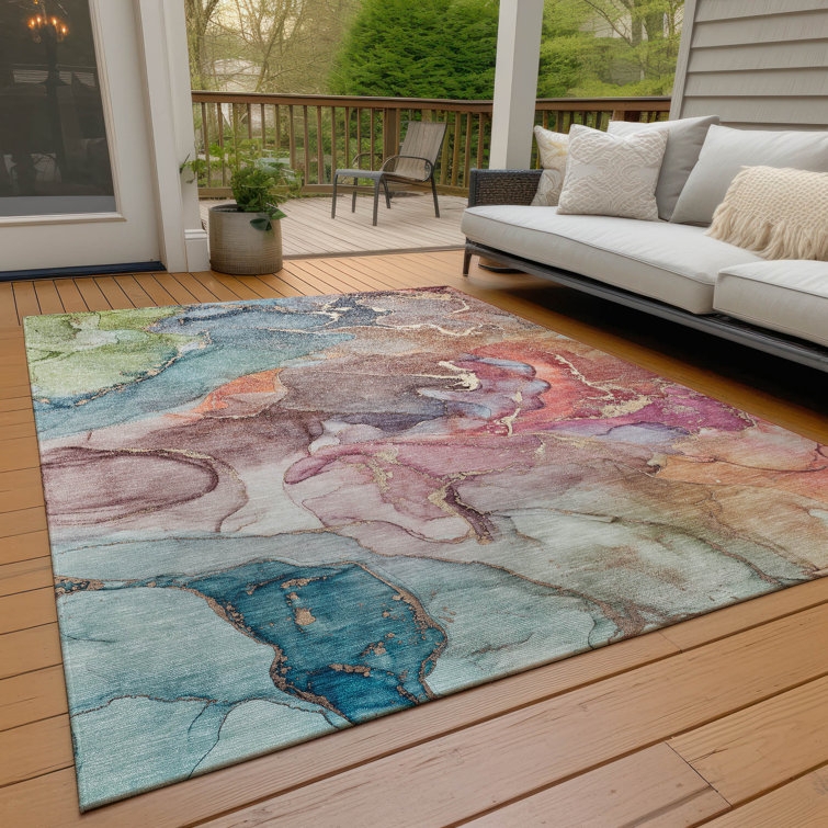 Area Rug Watercolor Pattern Blue Gradient Coastal Contemporary Deck
