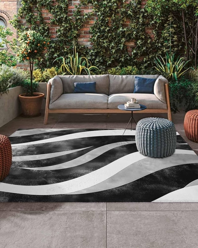Area Rug Wave Striped Pattern Monochrome Grey Black Abstract Patio Deck