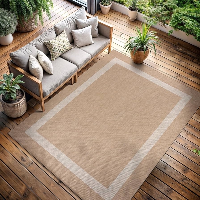 Area Rug Weather Resistant Wide Beige Border Flat Weave For Modern Patio