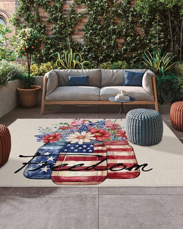 Area Rug Weathered Americana Style Floral Flag Pattern Linen Like