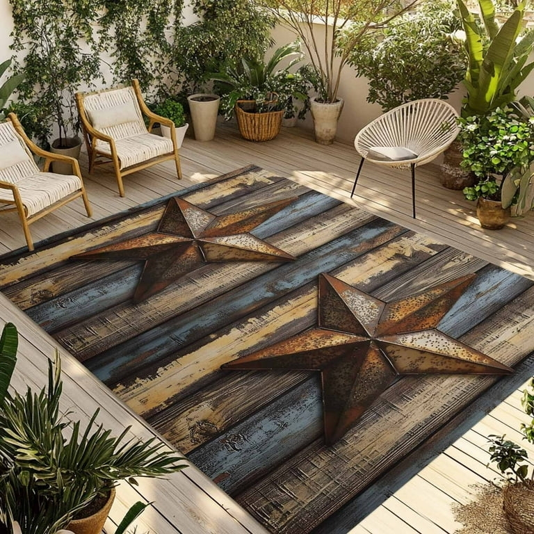 Area Rug Western Rustic Texas Star Faux Wood Print Low Pile Brown Gray