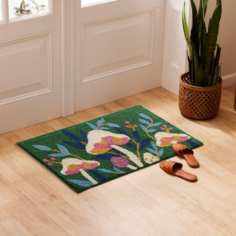 Area Rug Whimsical Mushroom Pattern Hand Hooked Teal