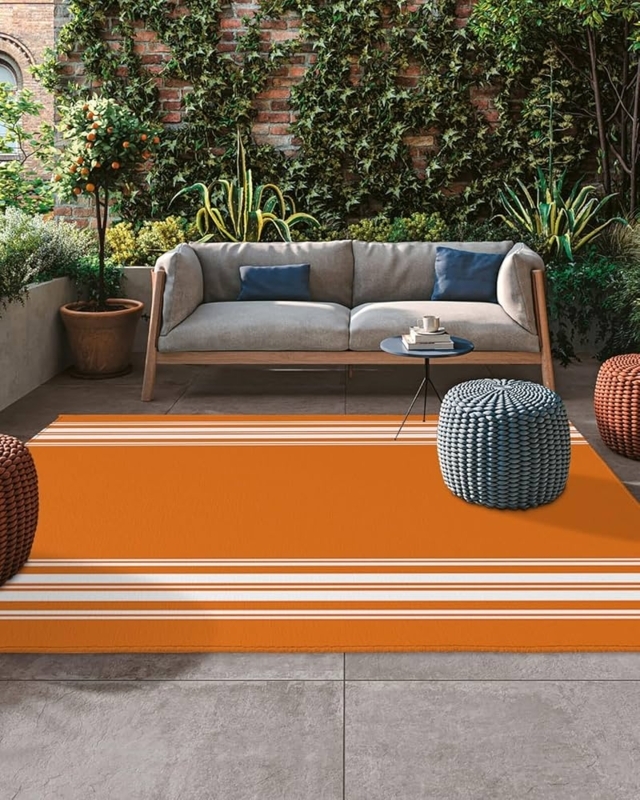 Area Rug Wide Orange Stripes Low Profile Weave Modern Farmhouse Patio Rug
